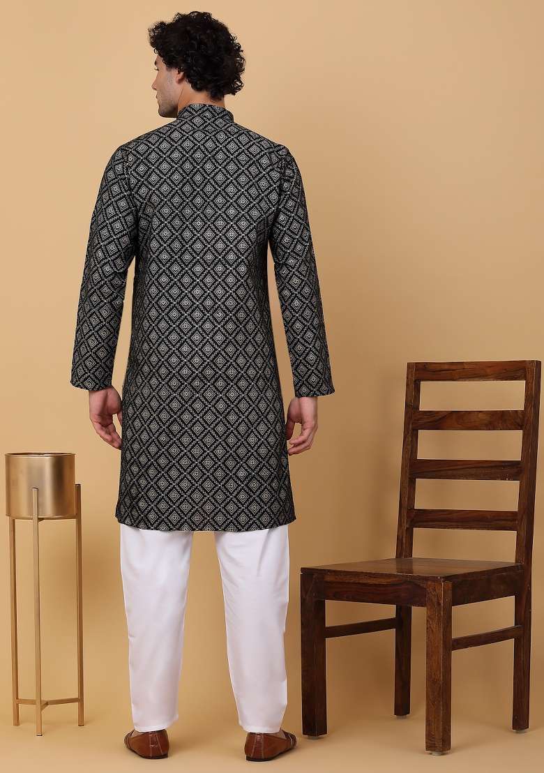 Black Printed Cotton Kurta For Men - Indya