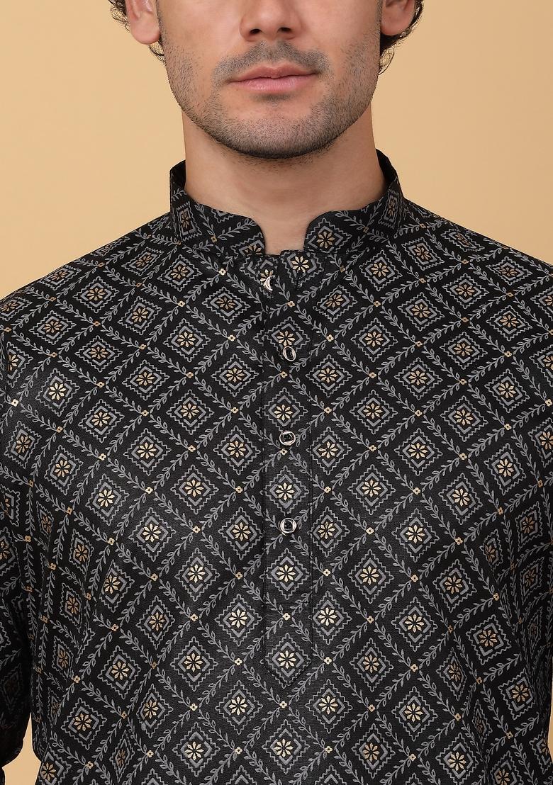 Black Printed Cotton Kurta For Men