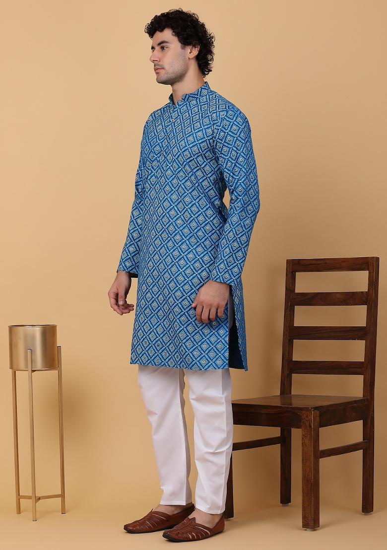 Blue Printed Cotton Kurta For Men