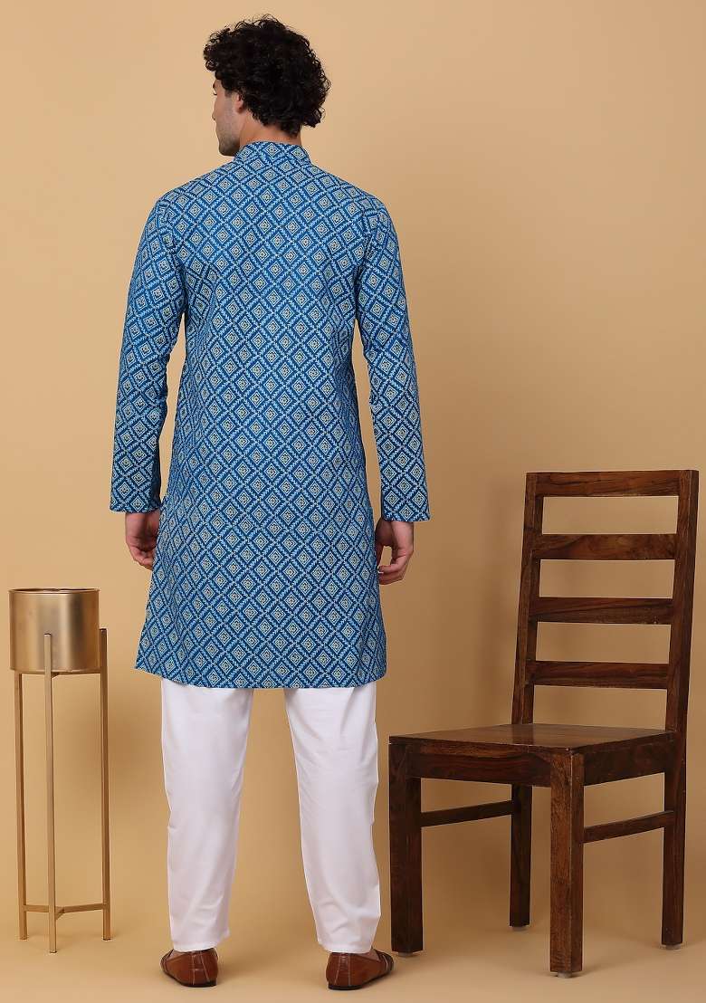Blue Printed Cotton Kurta For Men - Indya