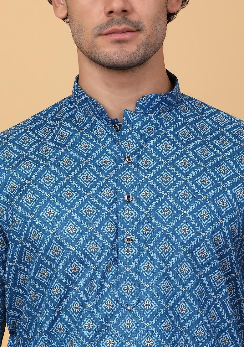 Blue Printed Cotton Kurta For Men