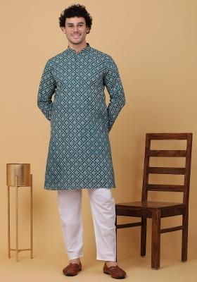 Green Printed Cotton Kurta For Men