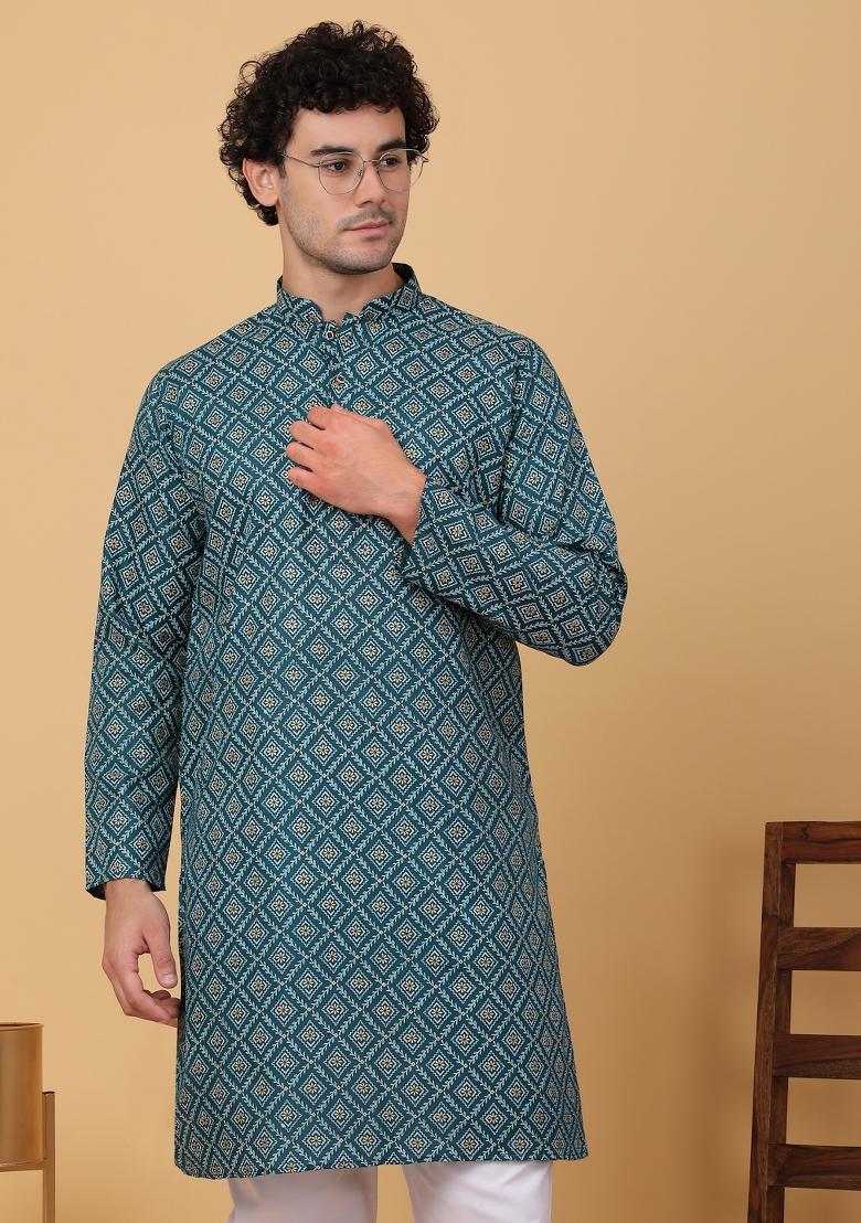 Green Printed Cotton Kurta For Men
