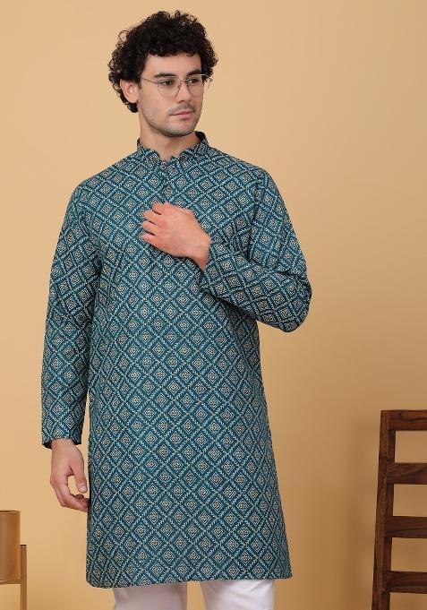 Green Printed Cotton Kurta For Men