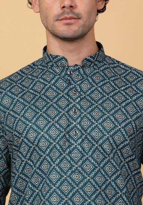 Green Printed Cotton Kurta For Men