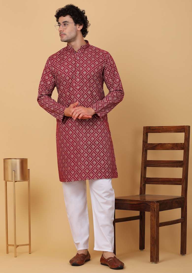 Maroon Printed Cotton Kurta For Men - Indya