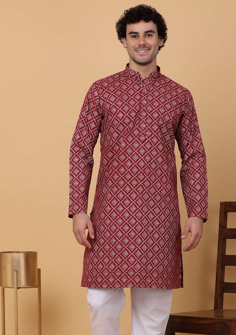 Maroon Printed Cotton Kurta For Men - Indya