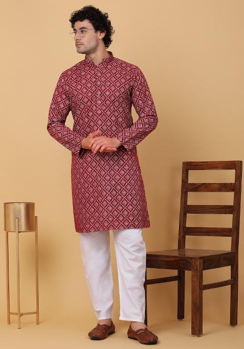 Maroon Printed Cotton Kurta For Men