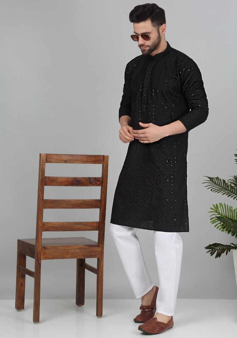 Black Chikan Embroided Cotton Kurta For Men