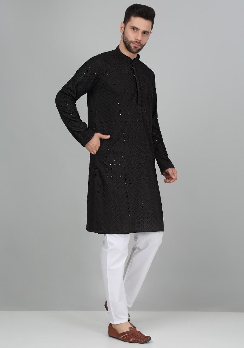 Black Chikan Embroided Cotton Kurta For Men