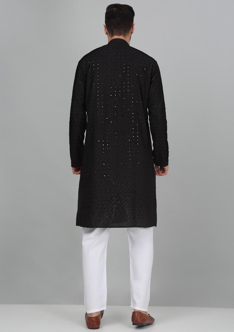 Black Chikan Embroided Cotton Kurta For Men