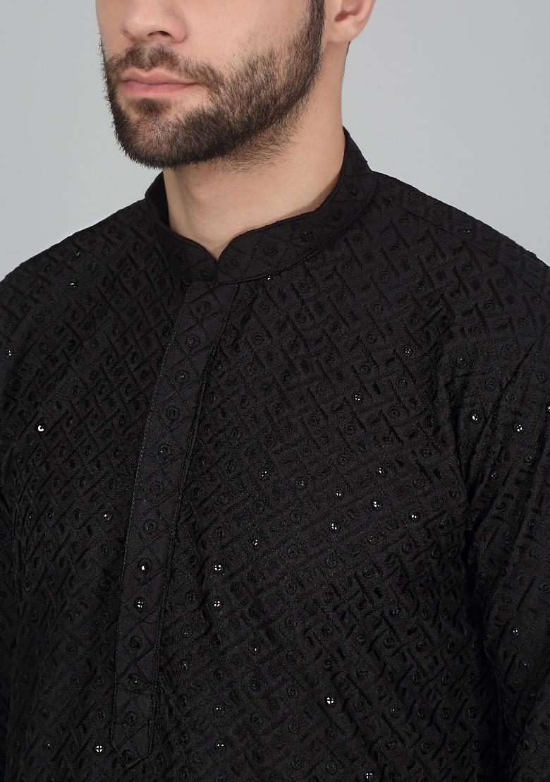 Black Chikan Embroided Cotton Kurta For Men