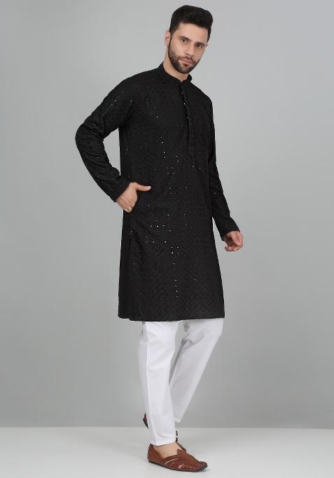 Black Chikan Embroided Cotton Kurta For Men