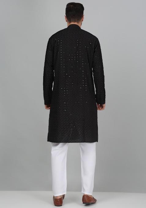 Black Chikan Embroided Cotton Kurta For Men