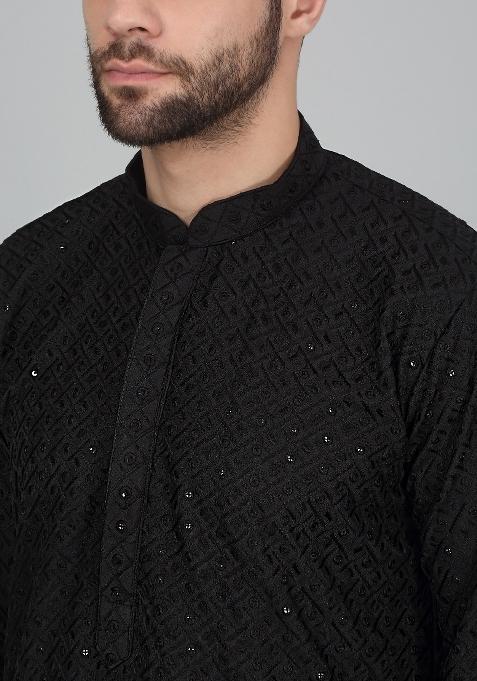 Black Chikan Embroided Cotton Kurta For Men
