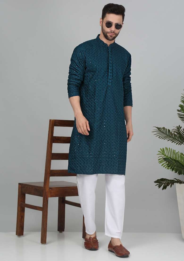 Green Chikan Embroided Cotton Kurta For Men - Indya