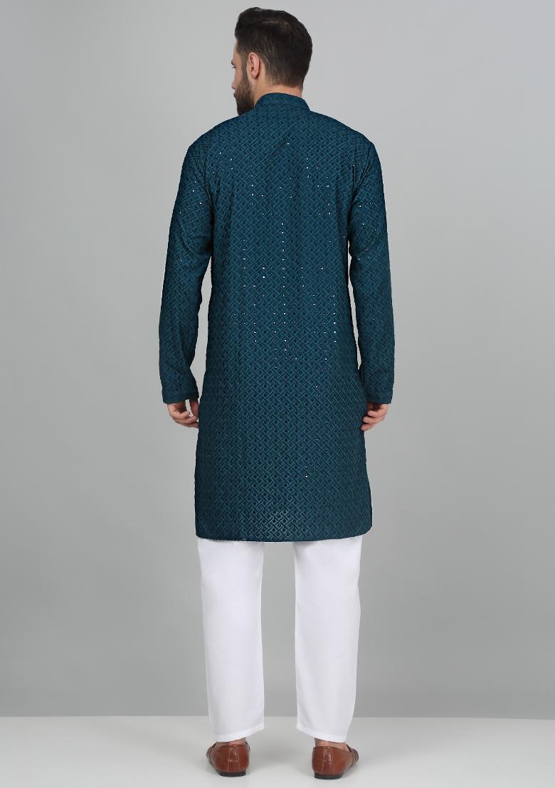 Green Chikan Embroided Cotton Kurta For Men
