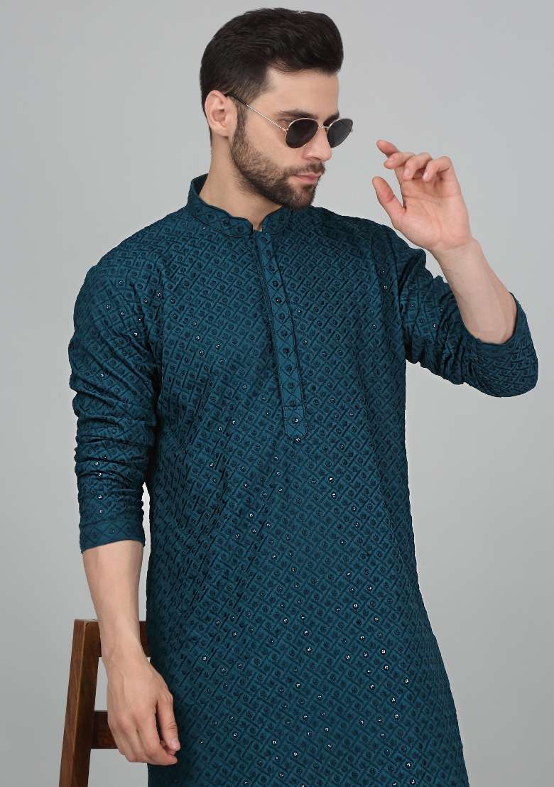 Green Chikan Embroided Cotton Kurta For Men - Indya