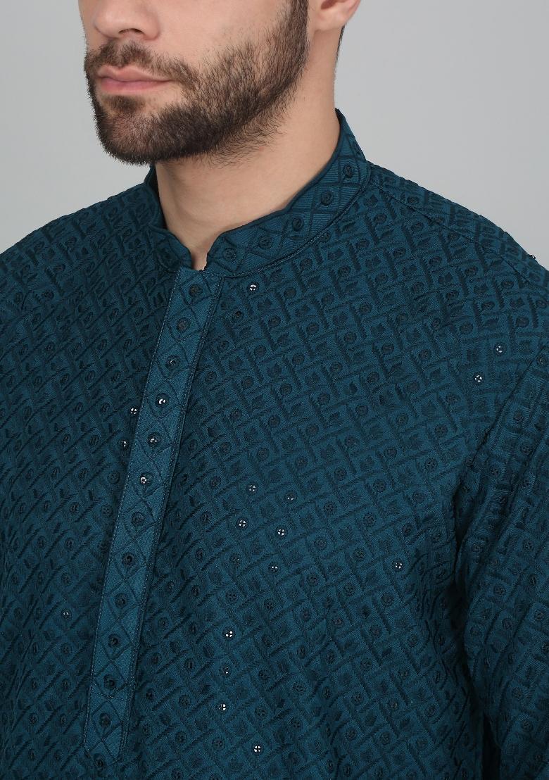 Green Chikan Embroided Cotton Kurta For Men