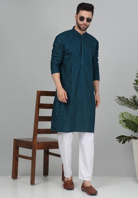 Green Chikan Embroided Cotton Kurta For Men