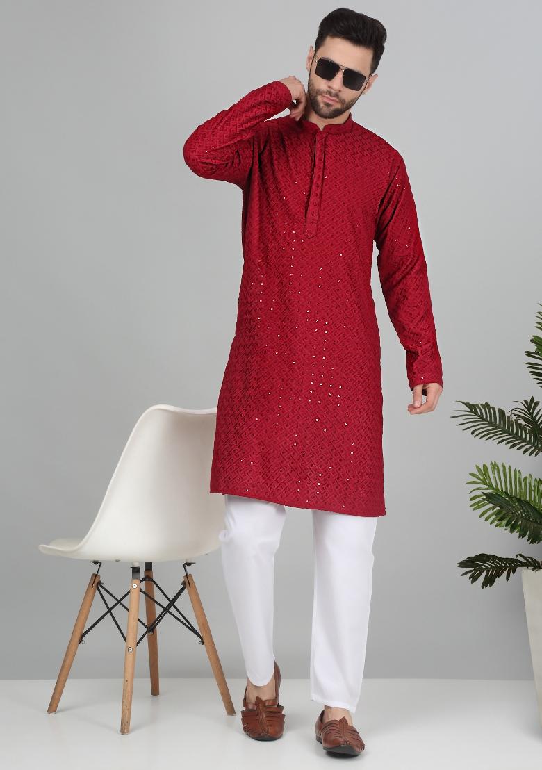 Maroon Chikan Embroided Cotton Kurta For Men