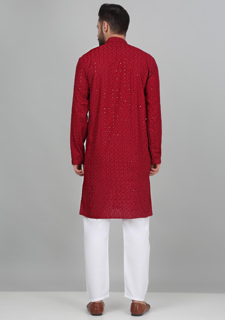 Maroon Chikan Embroided Cotton Kurta For Men