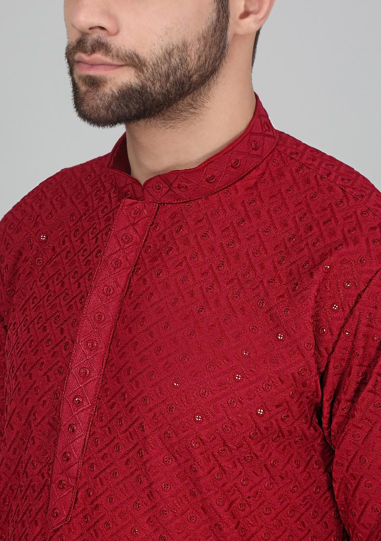Maroon Chikan Embroided Cotton Kurta For Men