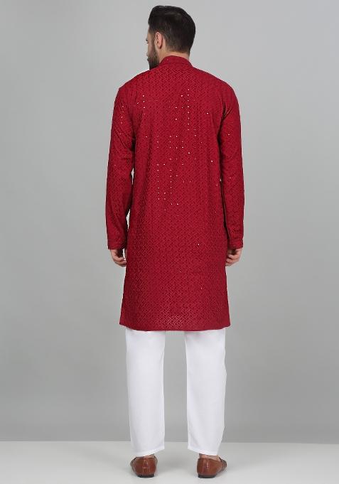 Maroon Chikan Embroided Cotton Kurta For Men