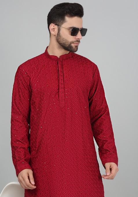Maroon Chikan Embroided Cotton Kurta For Men