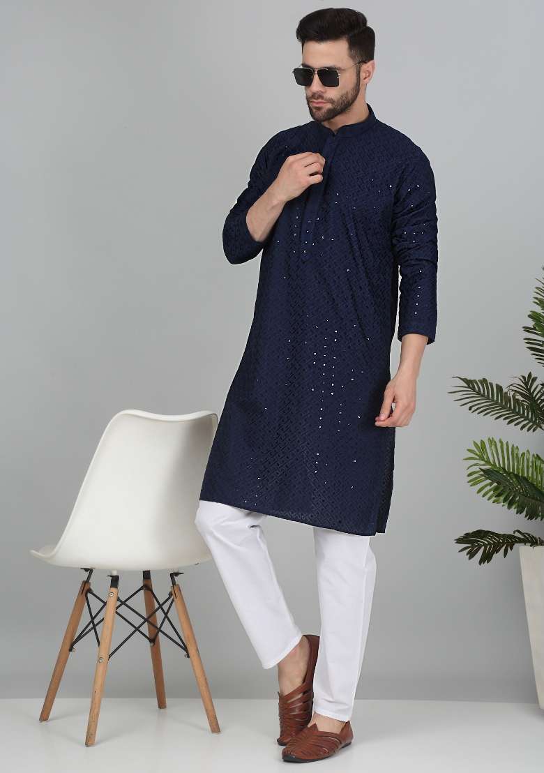 Navy Blue Chikan Embroided Cotton Kurta For Men - Indya