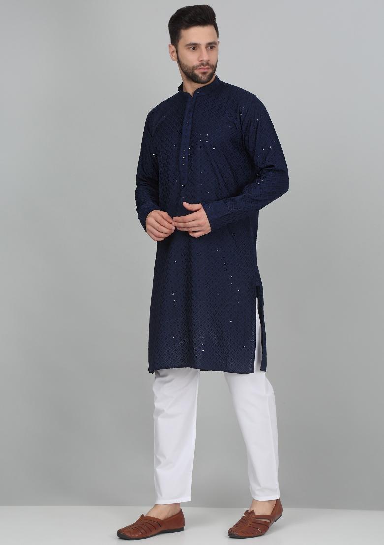 Navy Blue Chikan Embroided Cotton Kurta For Men