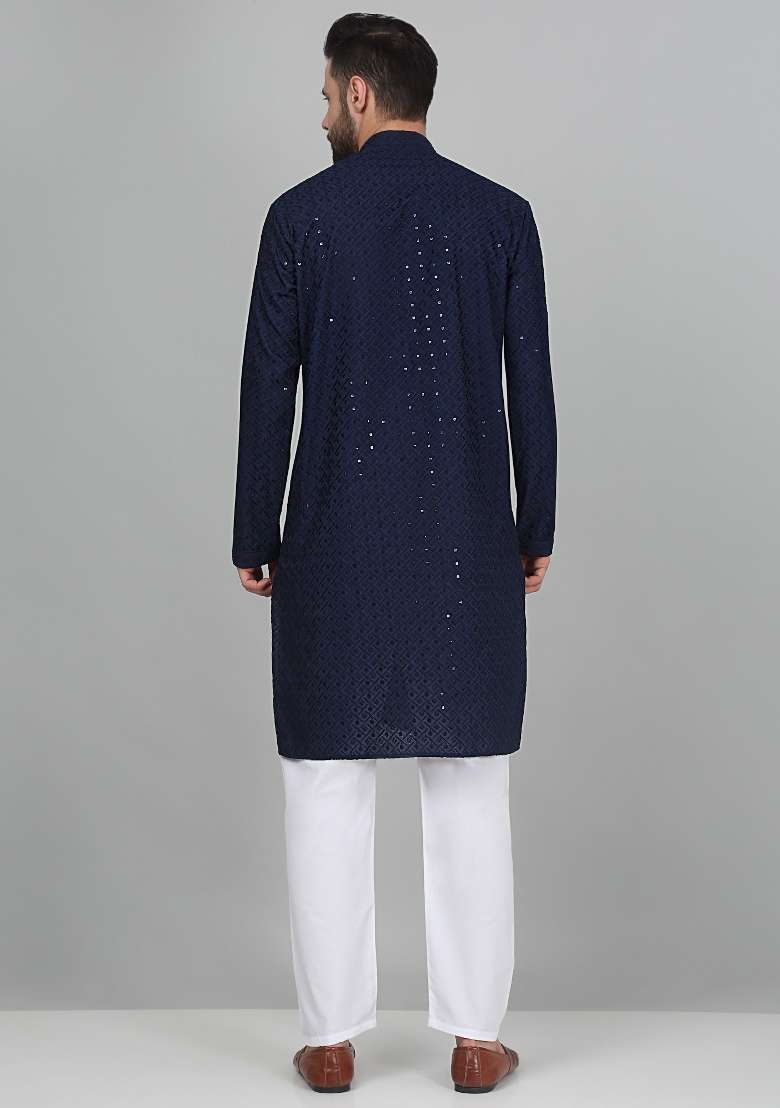 Navy Blue Chikan Embroided Cotton Kurta For Men - Indya