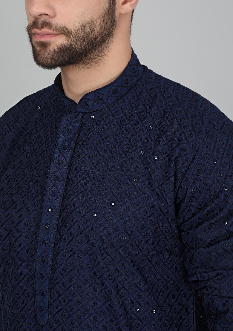 Navy Blue Chikan Embroided Cotton Kurta For Men