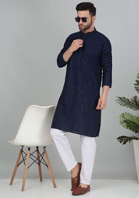 Navy Blue Chikan Embroided Cotton Kurta For Men