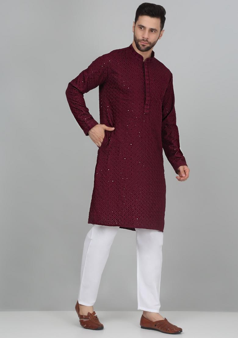 Purple Chikan Embroided Cotton Kurta For Men