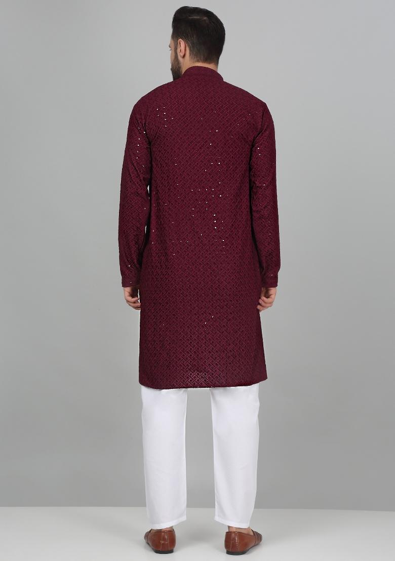 Purple Chikan Embroided Cotton Kurta For Men