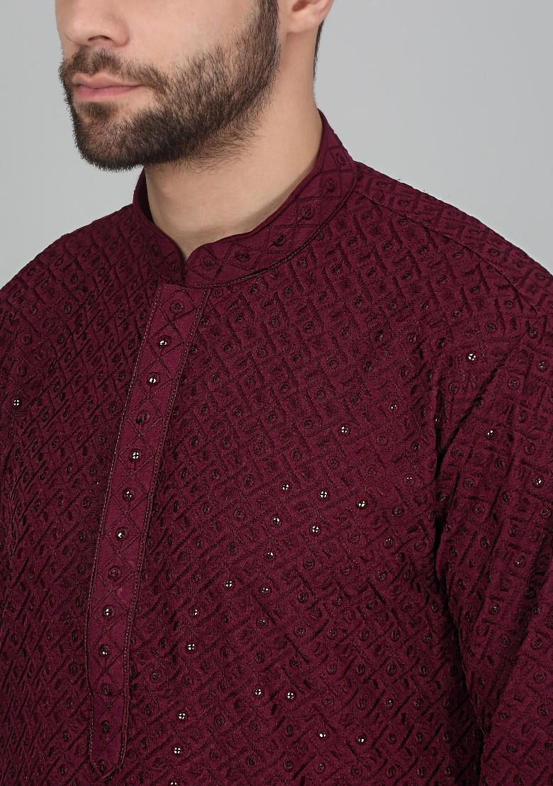 Purple Chikan Embroided Cotton Kurta For Men
