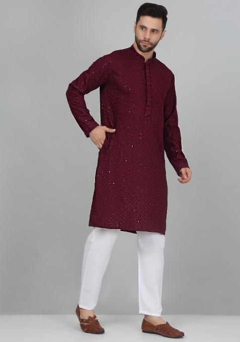 Purple Chikan Embroided Cotton Kurta For Men