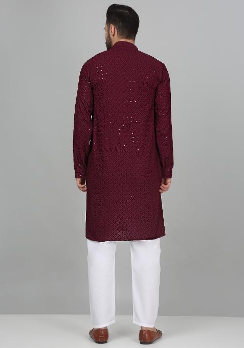 Purple Chikan Embroided Cotton Kurta For Men