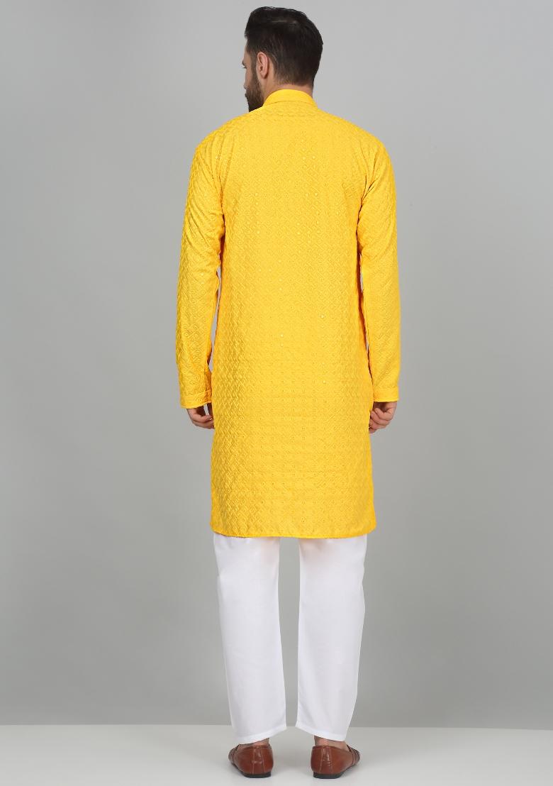 Yellow Chikan Embroided Cotton Kurta For Men
