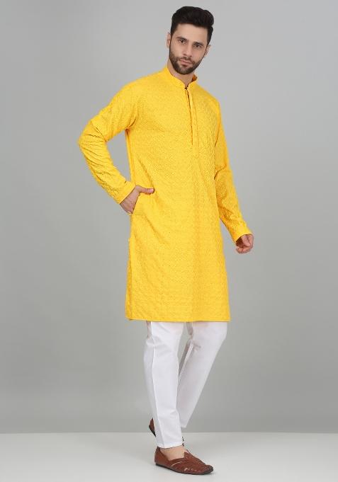 Yellow Chikan Embroided Cotton Kurta For Men