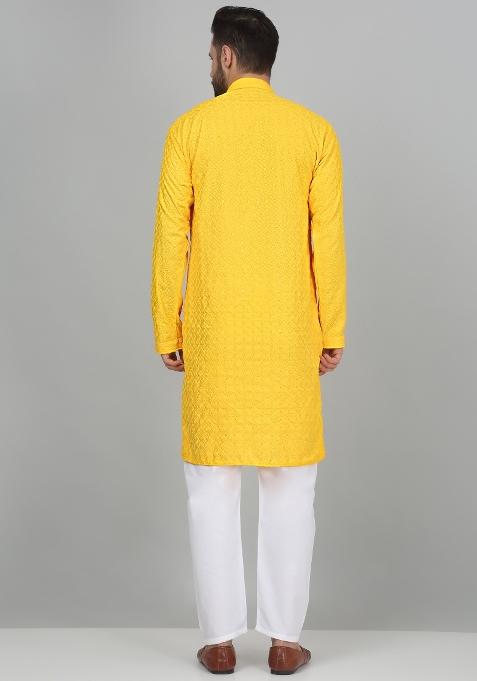 Yellow Chikan Embroided Cotton Kurta For Men