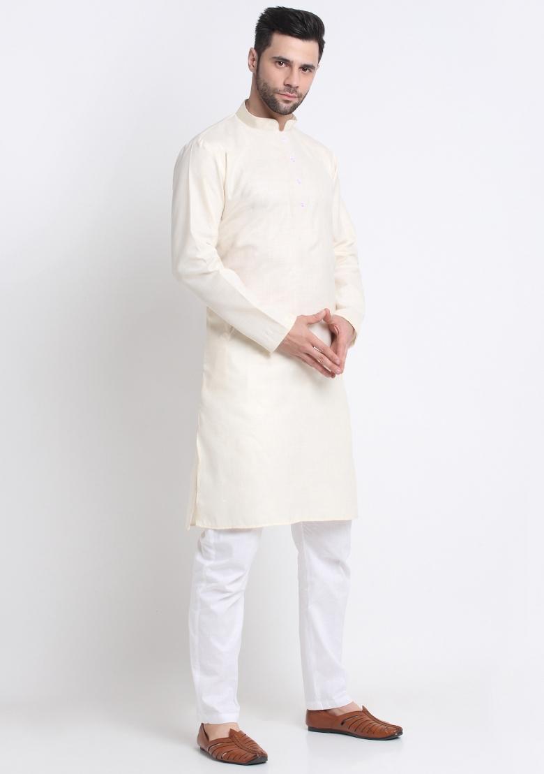 Cream Solid Cotton Blend Kurta For Men