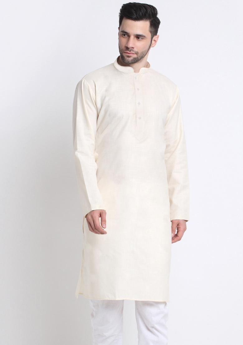 Cream Solid Cotton Blend Kurta For Men