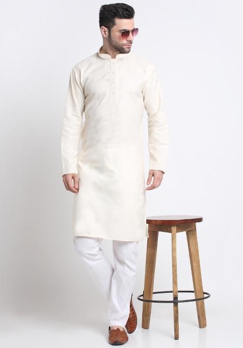 Cream Solid Cotton Blend Kurta For Men