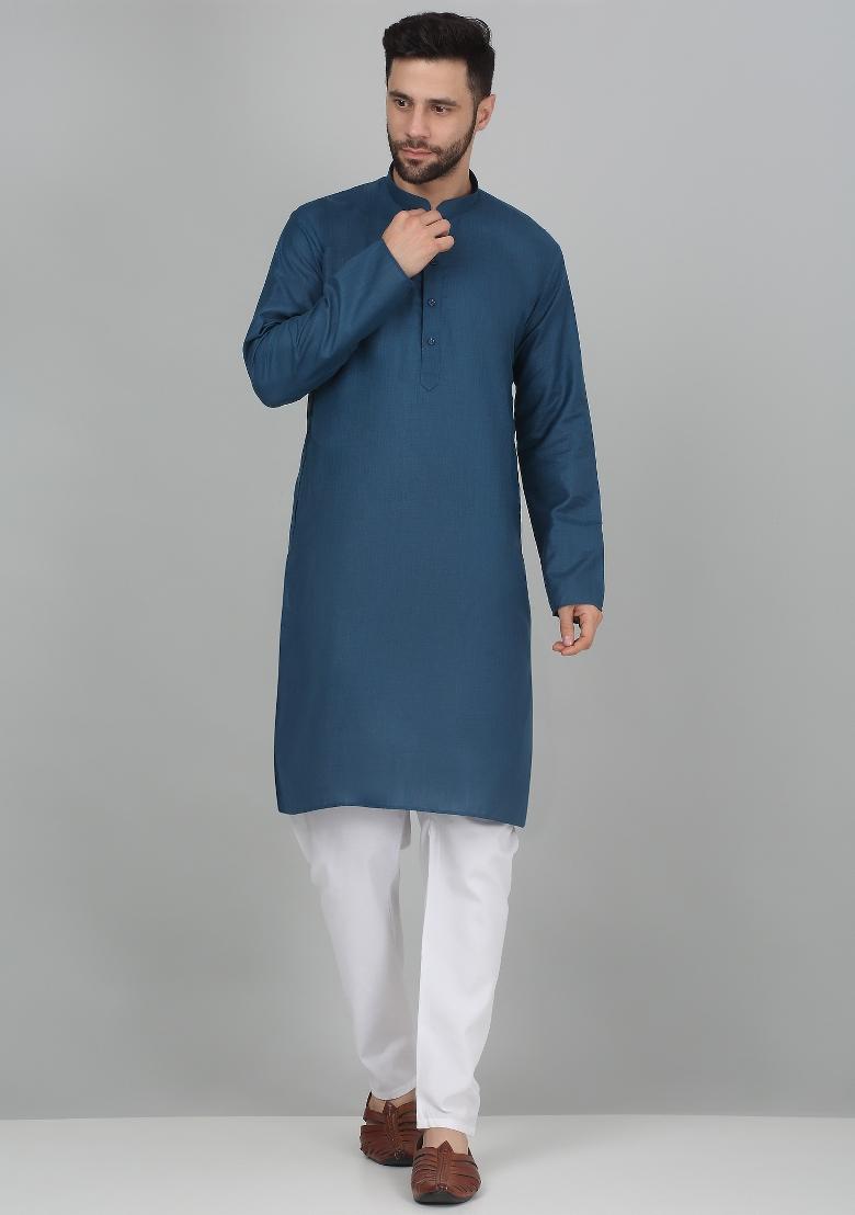 Blue Solid Cotton Blend Kurta For Men