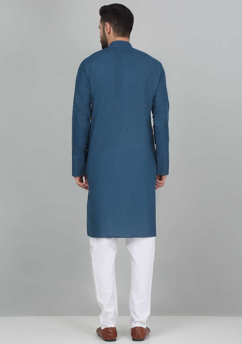 Blue Solid Cotton Blend Kurta For Men - Indya