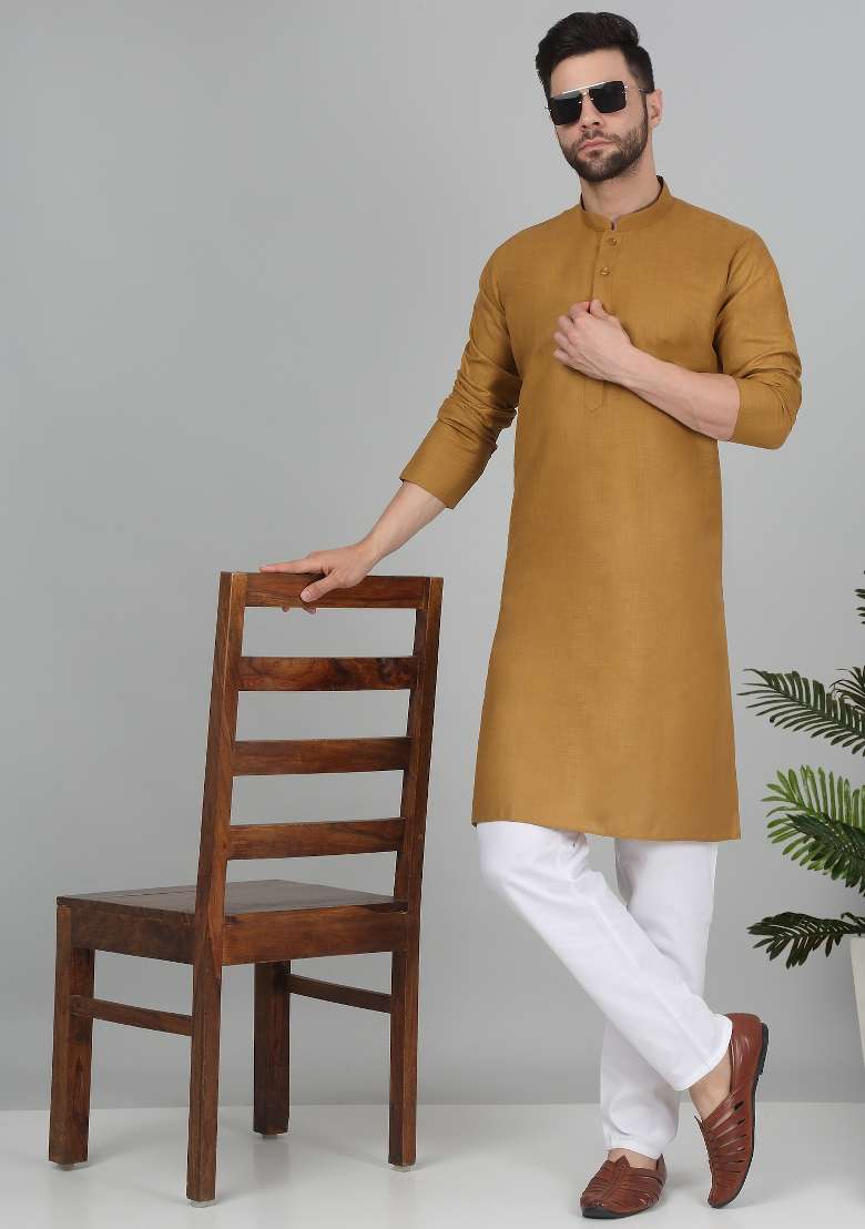 Gold Solid Cotton Blend Kurta For Men - Indya