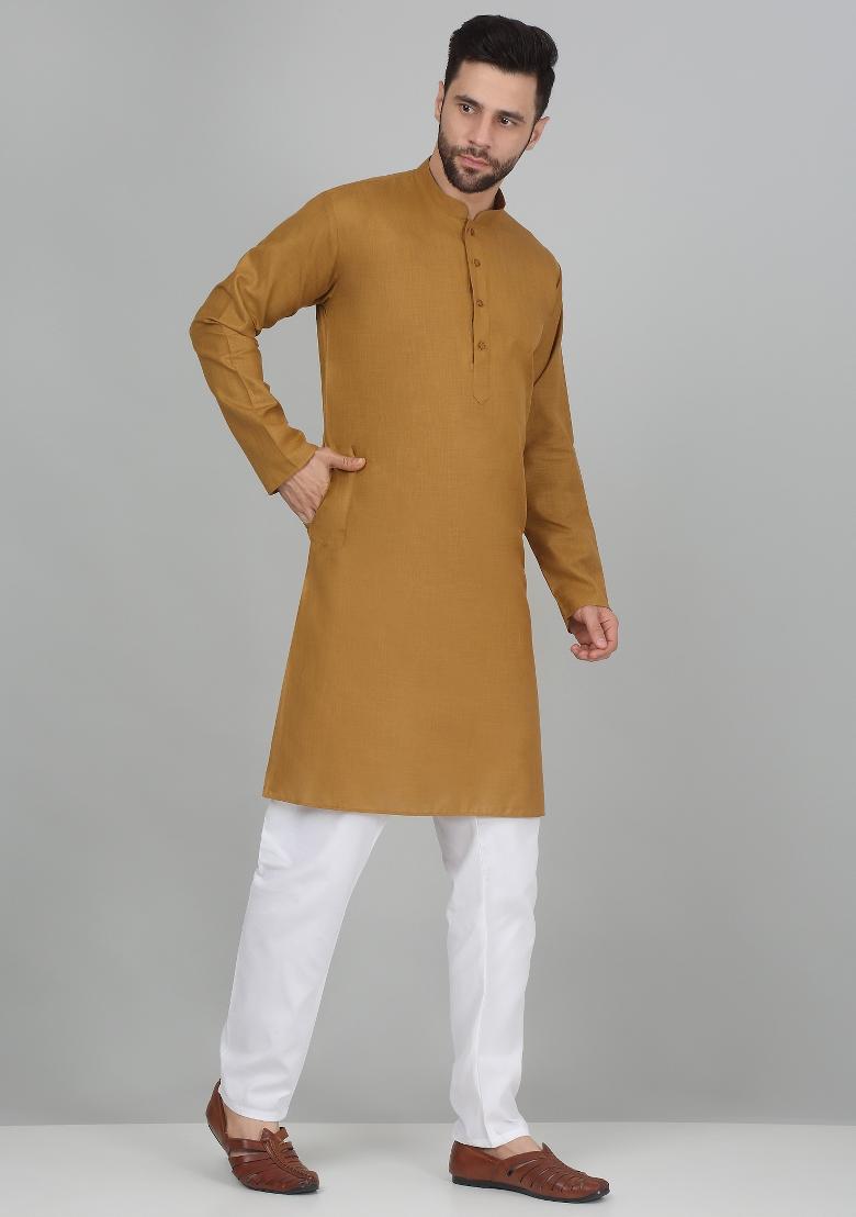 Gold Solid Cotton Blend Kurta For Men