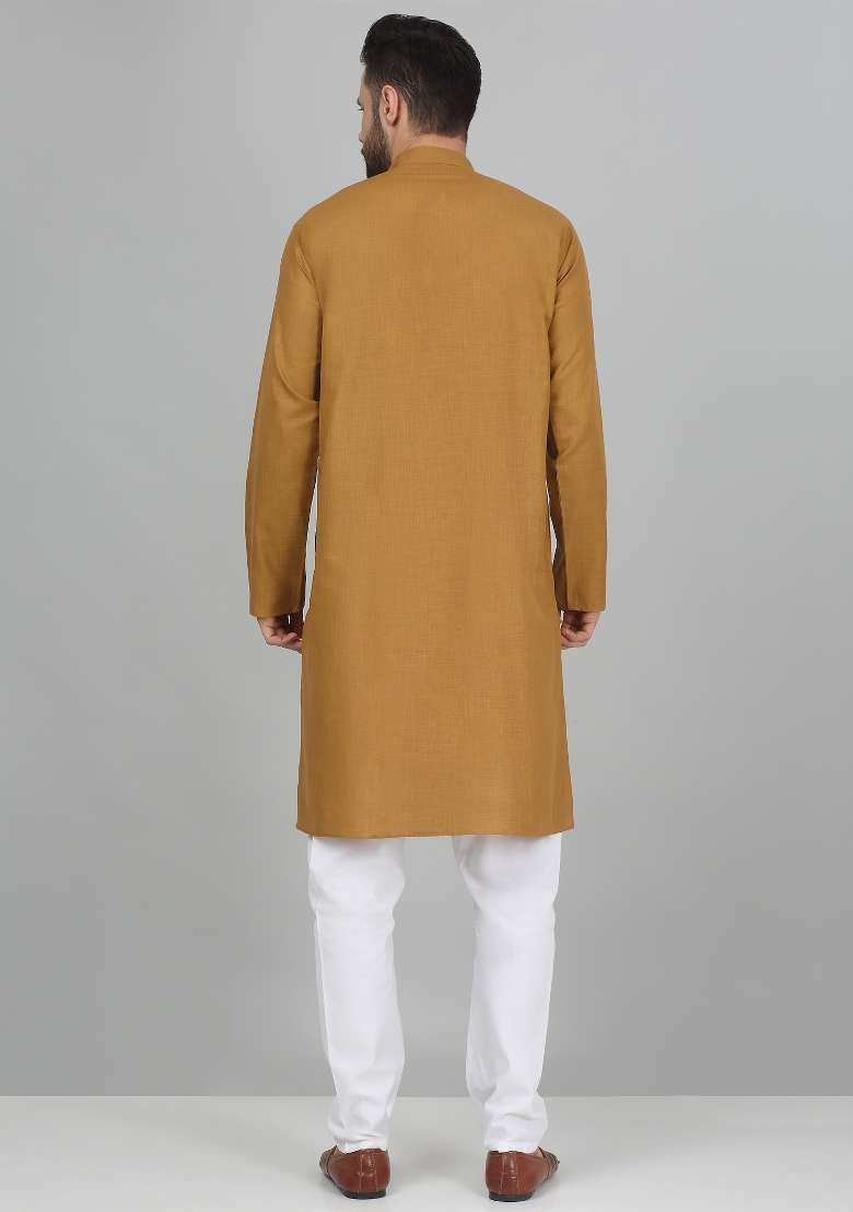 Gold Solid Cotton Blend Kurta For Men - Indya